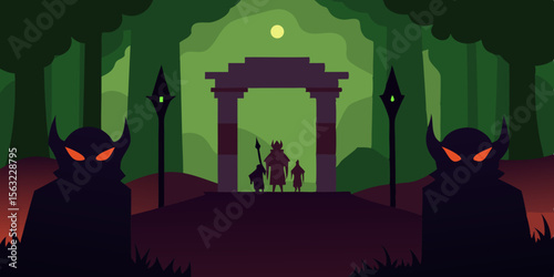 Ancient Forest Gate Guarded By Shadowy Figures