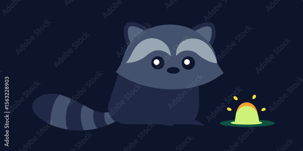 Obraz premium Cartoon Raccoon Hiding Near Glowing Tree Stump