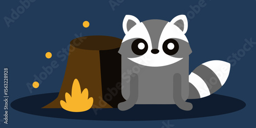 Cartoon Raccoon Hiding Near Glowing Tree Stump