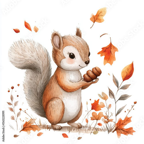 Watercolor Squirrel Holding Nuts Amidst Falling Autumn Leaves Illustration