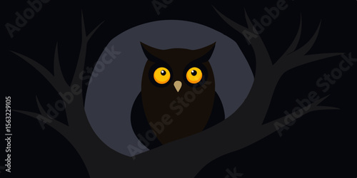 Owl With Glowing Eyes Perched In Dark Tree Hollow