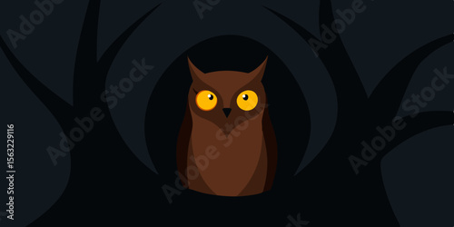Owl With Glowing Eyes Perched In Dark Tree Hollow