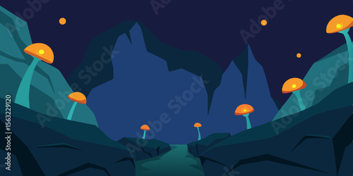 Rocky Pass Lit By Glowing Mushrooms In The Crevice