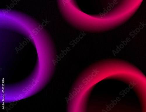Neon pink magenta and bright blue purple rings on a black background. Smooth gradient. Grainy noisy texture. Futuristic vibrant dynamic background. Empty balls. High tech, digital, modern wallpaper