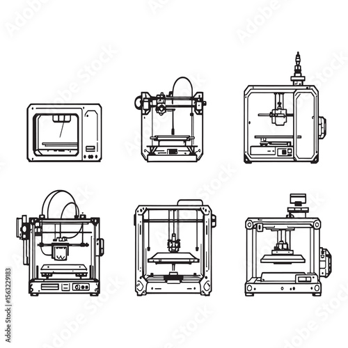Modern desktop 3d printer with filament spool line art