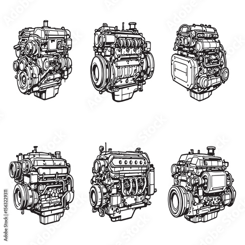 Modern diesel engine components vector line drawing style