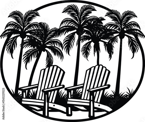 A vector illustration of a tropical beach sunset with a silhouette of palm trees, graphic design, background, element, sunrise, sunlight