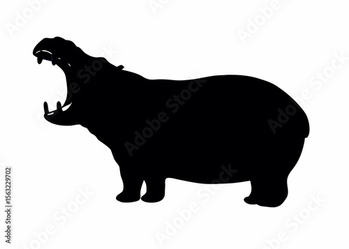 Silhouette of a hippopotamus with its mouth open showing its teeth and gums standing on four legs created with generated ai