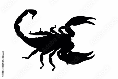 Silhouette of a scorpion with its pincers open and its tail curved over its back on a white background created with generated ai