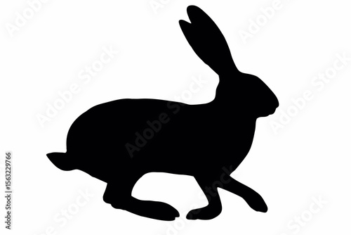 Silhouette of a running hare with long ears and short tail on a white background in a simple graphic style created with generated ai