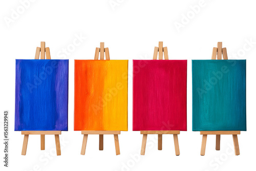 Four small wooden easels each holding a vibrant, monochromatic canvas painted in blue, orange, red, and teal colors.