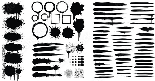 Decoration grunge, graphic pack - graffiti spray, brush strokes, highlighters, rectangle grunge shapes for text with splash. 