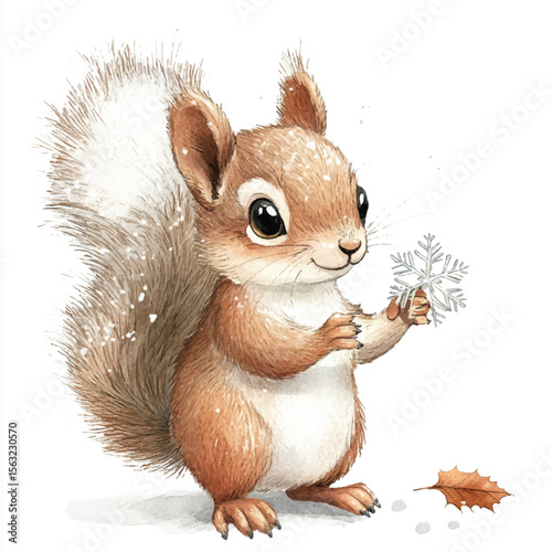 Watercolor Squirrel Holding Snowflake with Autumn Leaf Detail