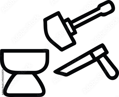 outline illustration of stonemason tools including chisel, mallet, and hammer in simple form