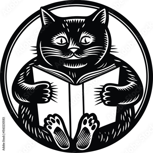 A cute cartoon black cat with a red heart and its tail up playfully engages a mouse, a charming vector illustration of domestic pets, interaction, companionship, cartoon cat