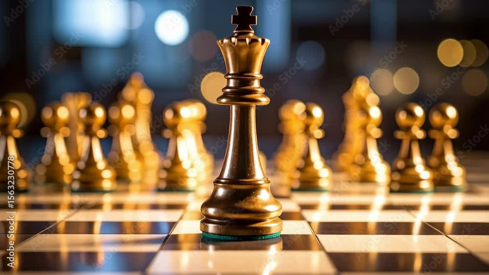 Close-up shot of gold chess pieces, including the king, arranged on a checkered board in a strategic position with a blurred background