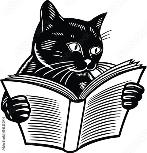Cute black cat with book drawing, interest, young, content, gentle, intelligent