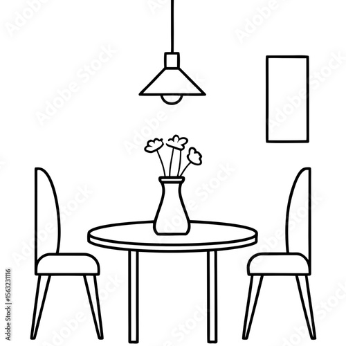 A simple dining table with chairs, a pendant light, a vase with flowers, and a wooden floor. Calm and modern style.

