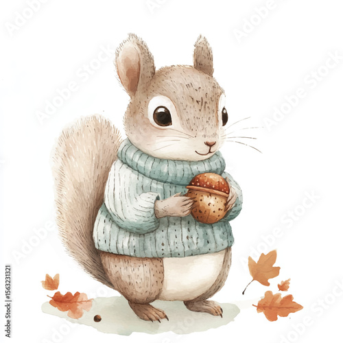 Watercolor Squirrel in Sweater Holding Acorn Surrounded by Autumn Leaves