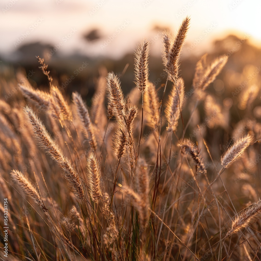 Fototapeta premium Golden Sunrise Over Tall Grass in Serene Nature Landscape