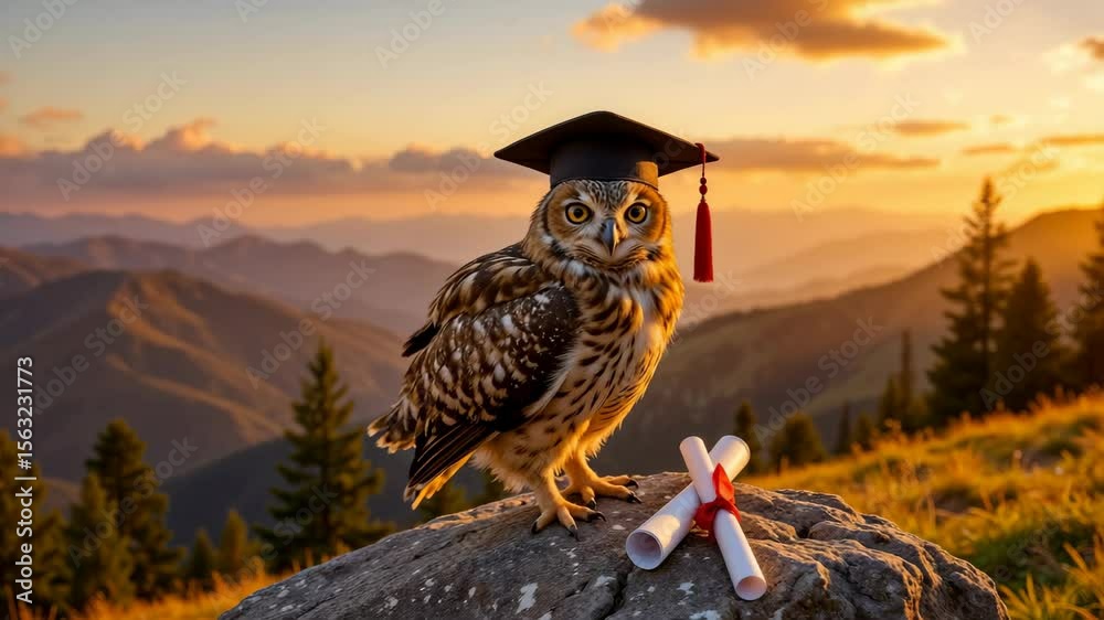 Charming video of an owl wearing a graduation cap with scrolls in a scenic background
