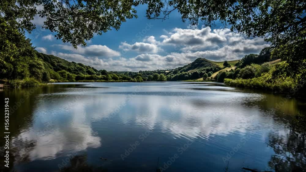 Serene lake with reflections of clouds and trees