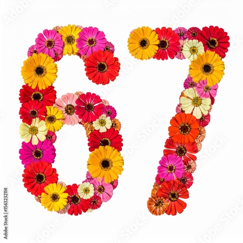 Number 67 made out of flowers with solid white background. Photo for 67th birthday or anniversary party