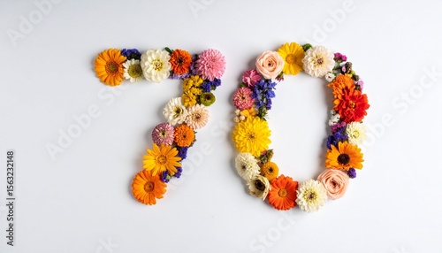 Number 70 made out of flowers with solid white background. Photo for 70th birthday or anniversary party