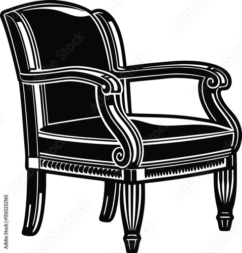 A luxurious, antique gold armchair, a comfortable classic furniture piece, is isolated on white, warm, padding, rest, relaxation