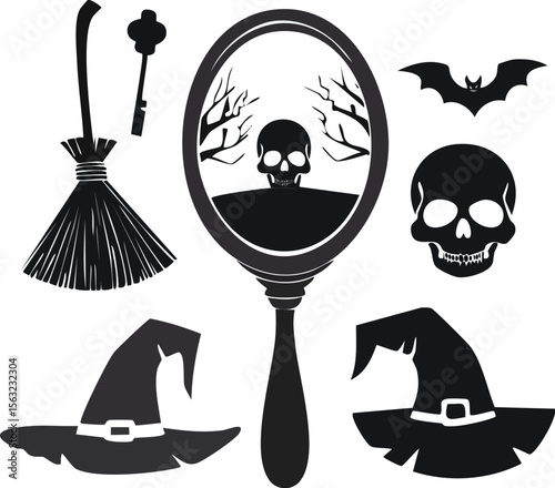 Black vector silhouette icon set: pirate ship, woman, and cartoon pirate symbols