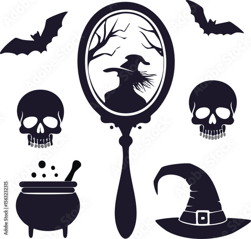 Cute cartoon vector Halloween monster icons set with funny ghost, skull, and black cat character designs