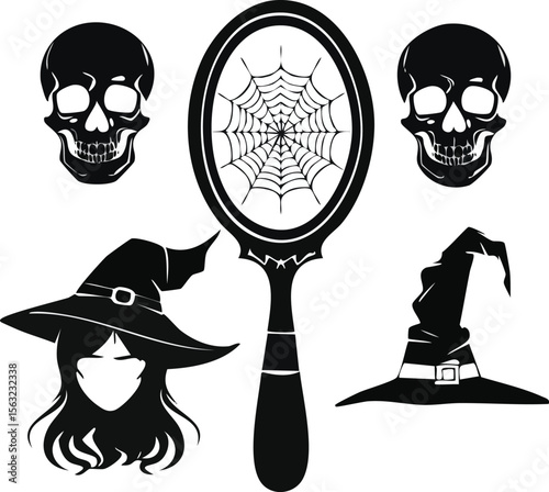 Cartoon vector illustration of children in Halloween skeleton and pirate character designs, one wearing a hat, in both color and black and white