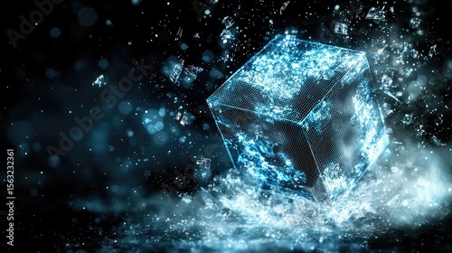 Dynamic water cube splash digital studio 3d rendering dark background abstract conceptual visualization
