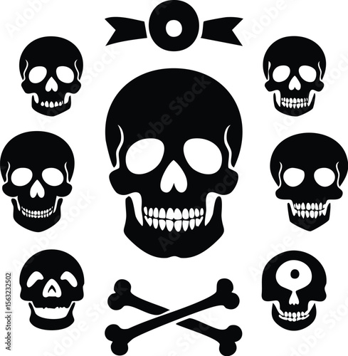 Set of skull and crossbones icons representing danger death and pirate symbols in black and white vector style