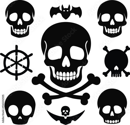A collection of skull and crossbones and individual skulls perfect for Halloween, pirate, or danger themed designs, featuring detailed human skeleton anatomy, vector art, and tattoo-ready illustration