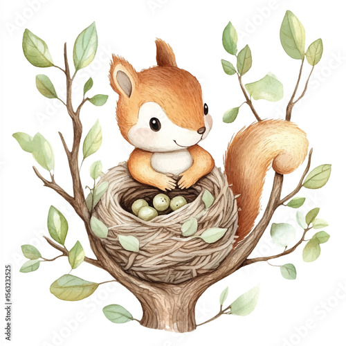 Watercolor Squirrel Perched in Nest with Eggs on Branch with Leaves