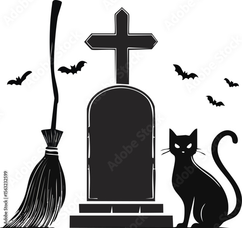 Halloween Silhouette Vector Set Spooky Graveyard Scene with Cat, Bats, and Broom