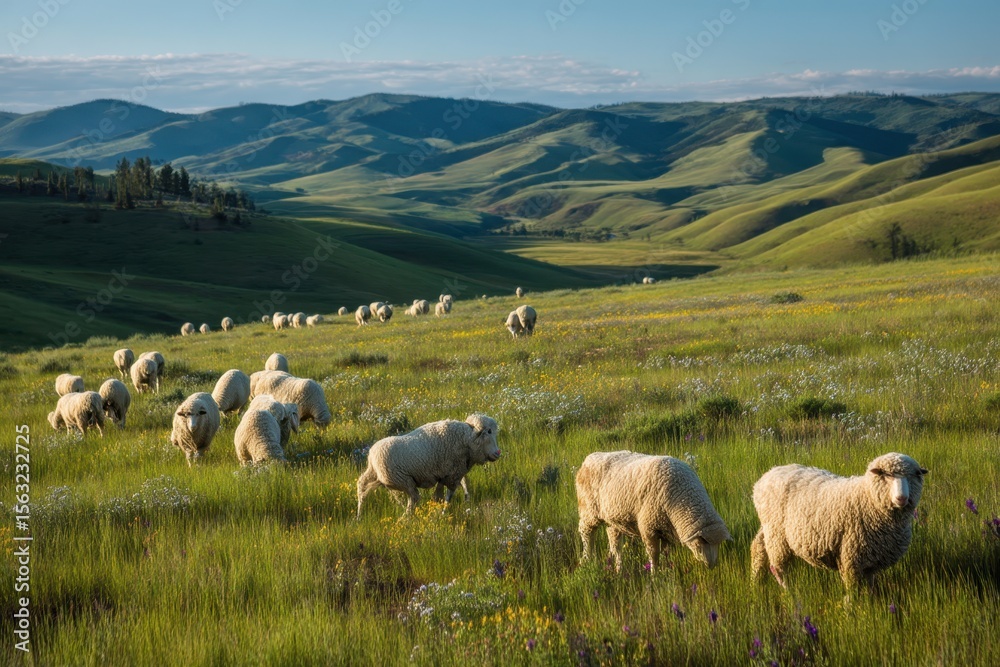 Obraz premium Sheep grazing in a scenic mountain valley