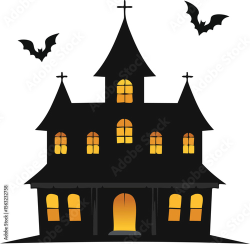 Haunted House Silhouette: An enchanting silhouette of a haunted house, complete with bats, setting the stage for spooky tales, capturing the essence of eerie delight.