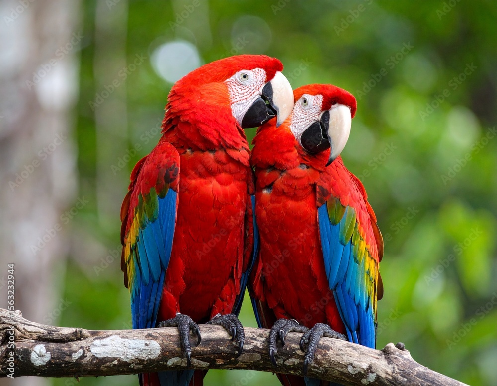 Fototapeta premium Pair of scarlet macaws side-by-side on a branch, heads tilted affectionately, surrounded by lush green forest