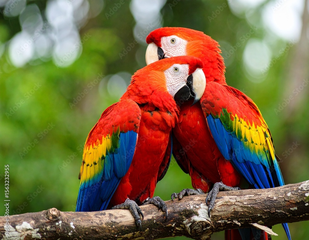Obraz premium Two scarlet macaws perch close together, gently touching heads, feathers glowing with red, yellow, and blue tones