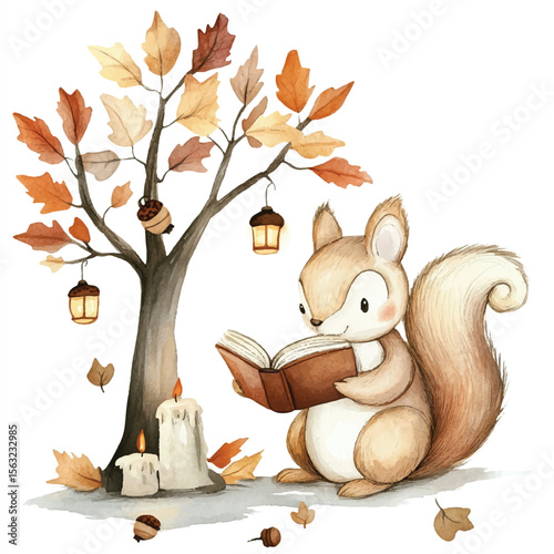 Watercolor Squirrel Reading Book Under Autumn Tree with Lanterns and Candles