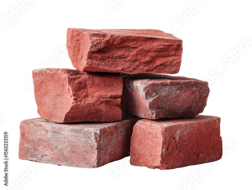 A detailed view of several red bricks piled together, highlighting their rough textures, isolated on a white background