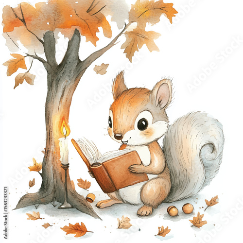 Watercolor Squirrel Reading by Candlelight Under Autumn Tree with Fallen Leaves