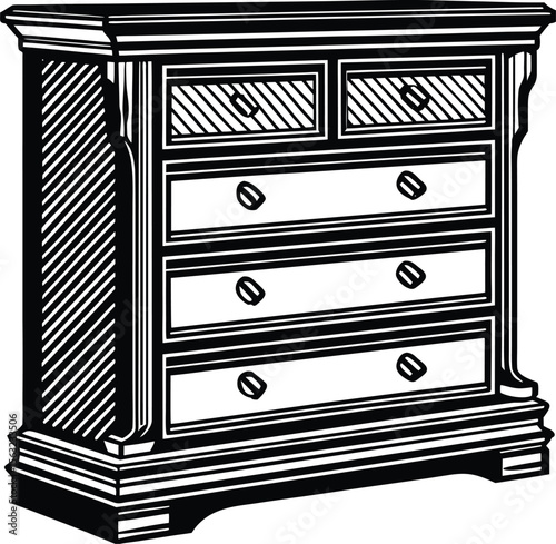 Brown wooden chest of drawers vector illustration for antique home furniture storage design ,showpiece, victorian