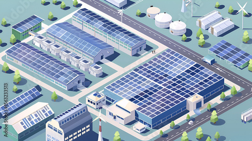 Illustrative design showcasing renewable energy, emphasizing solar panels and wind turbines for sustainable power generation.