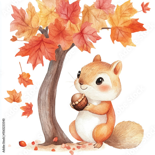 Watercolor Squirrel with Acorn Under Autumn Tree with Falling Leaves
