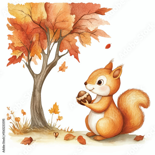 Watercolor Squirrel with Acorn Beneath Autumn Tree with Falling Leaves