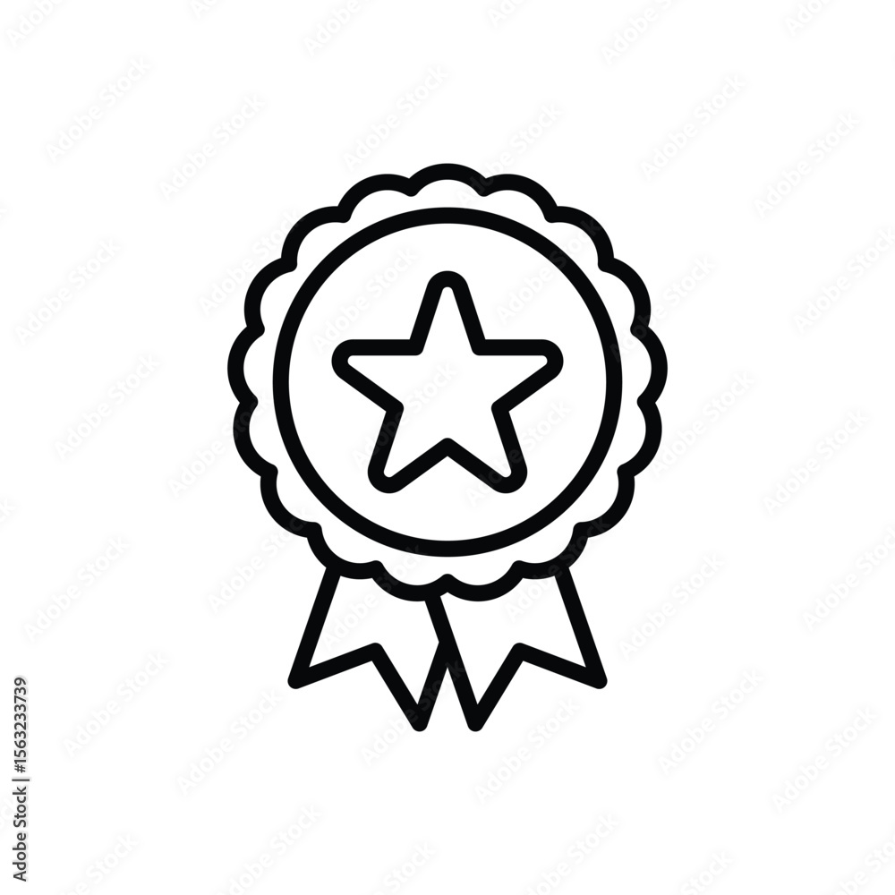 Award Star Black and White Outline Icon with Ribbons on White Background Award Star Black and White Outline Icon with Ribbons on White Background