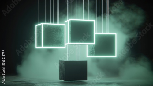 Floating neon cubes digital art space 3d visualization dark environment abstract concept